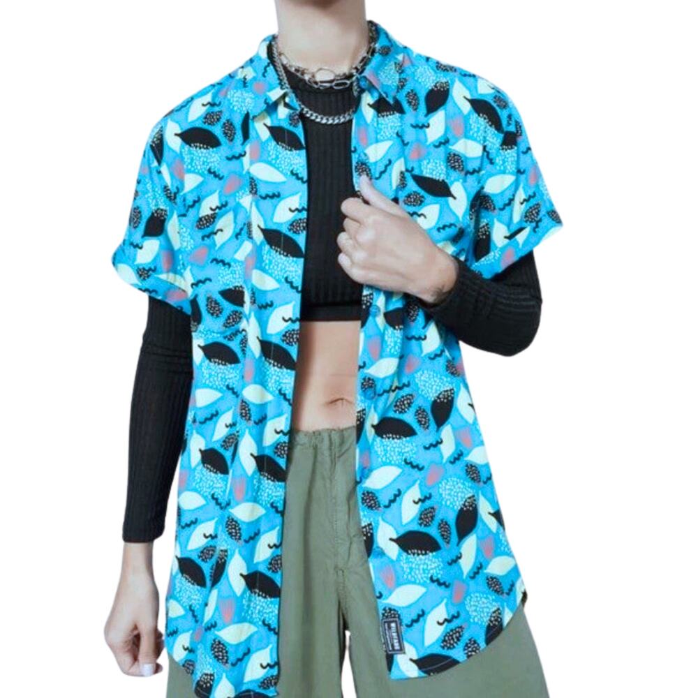 WILDFANG Essential Leaf Short Sleeve Button Up Blue Print XS NWT $86